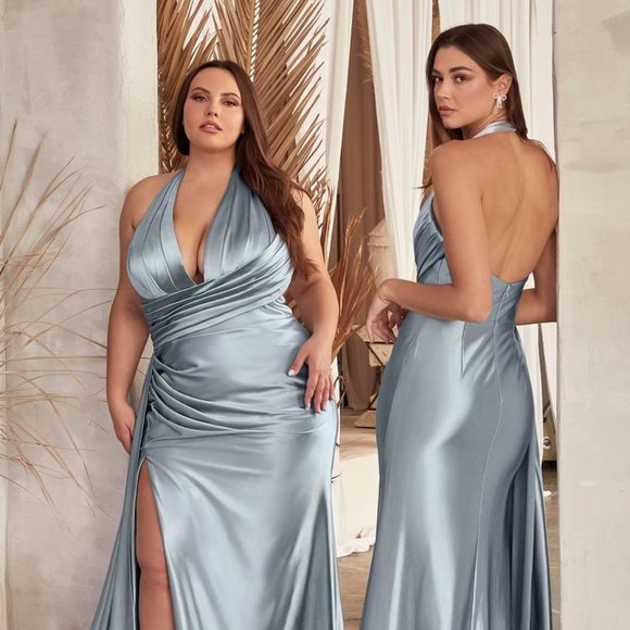 NEW LONG SLEEVELESS SHEATH SATIN DRESS WITH LEG SLIT AND...
